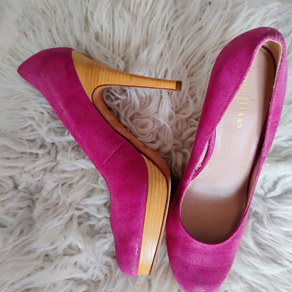 Cole Haan Fuchsia Heels with Wooden Accents